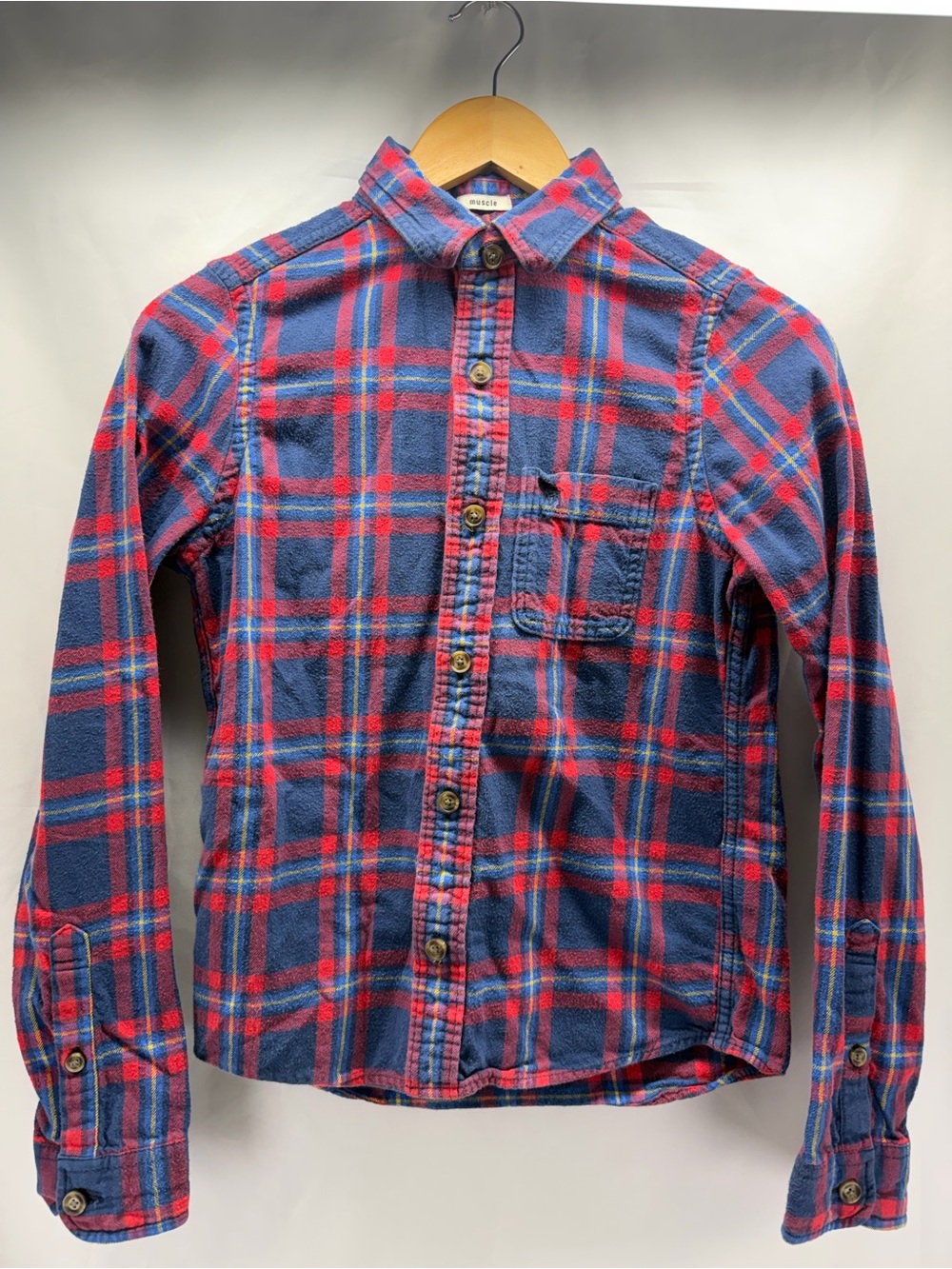 Abercrombie Kids Boys XL Muscle Fit Plaid Flannel Shirt Navy / Red / Yellow